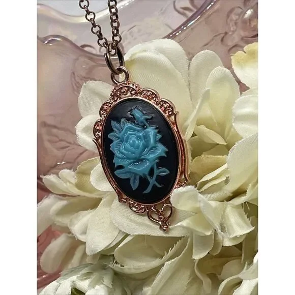 Black teal Turquoise Necklace Easter Mom Cameo Mom Rose Gold wedding Jewelry - Picture 5 of 13
